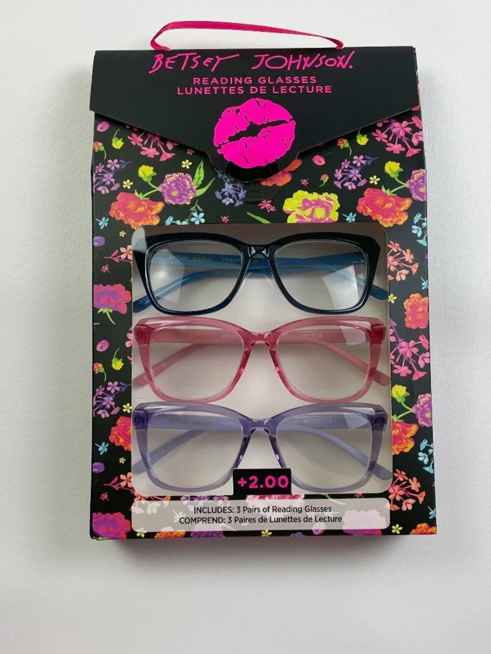 Betsey Johnson 3 Pack Reading Glasses +2.00 Blue Pink Purple New